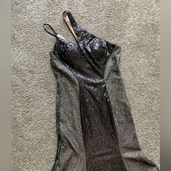 Black Sequins & Beads One Shoulder Evening Dress, Stunning Black Evening Gown - Picture 13 of 14